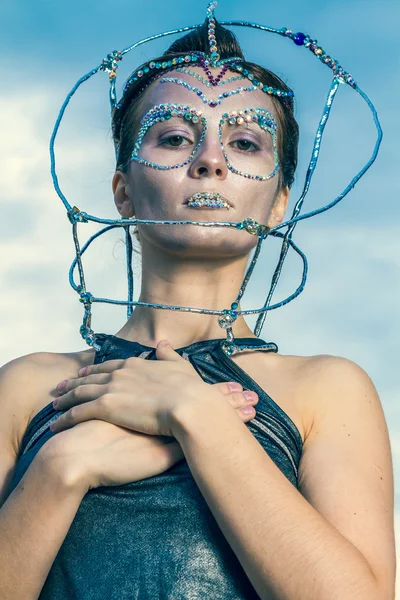 Close up of a beautiful woman with crystals glued on her face — Stock Photo, Image