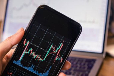 Kapat ve akıllı telefonu ticari borsa yatırımı kripto para birimi için mum grafiğiyle kapat