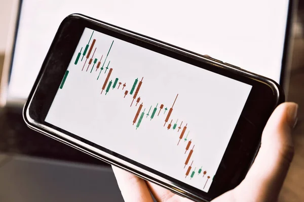 Close up n mano tenendo smart phone con grafico a candela per il commercio borsa investimento cripto valuta — Foto Stock