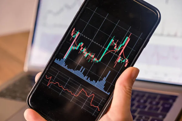 Close up n kézben tartó okostelefon gyertyatartó grafikon a kereskedelmi tőzsdén befektetési crypto valuta — Stock Fotó