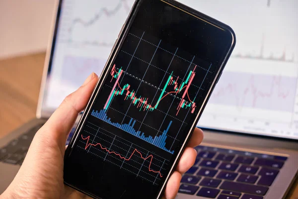 Close up n mano tenendo smart phone con grafico a candela per il commercio borsa investimento cripto valuta — Foto Stock