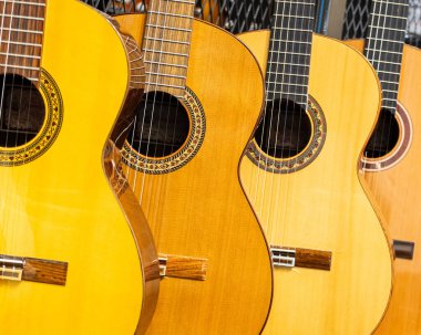 Bir müzik enstrümanları dükkanında akustik gitarların farklı renkleri