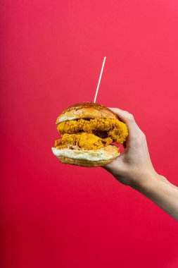 Kırmızı arka planda izole edilmiş lezzetli bir hamburger.