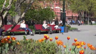 İnsanlar Alexander Garden 'da bir bankta oturuyor. Rusya Mayıs 2021