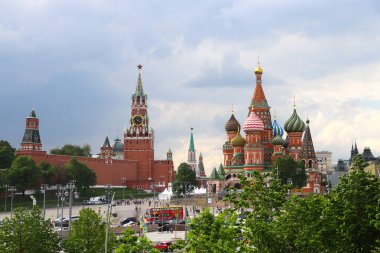Moscow Kremlin, St. Basil's Cathedral, Spasskaya Tower with a clock. Russia Moscow May 2021