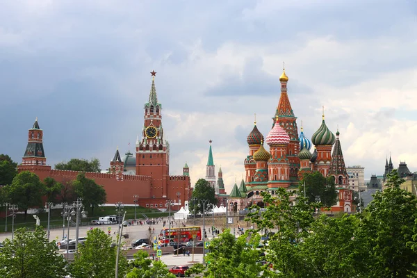 Moscow Kremlin, St. Basil's Cathedral, Spasskaya Tower with a clock. Russia Moscow May 2021