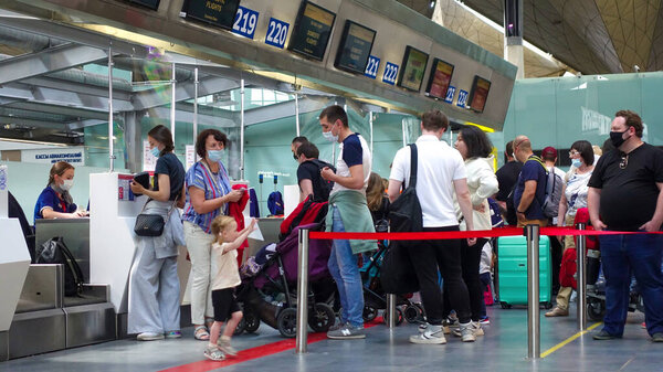 Passenger check-in counters at Pulkovo airport. Russia, Saint Petersburg June 2021      