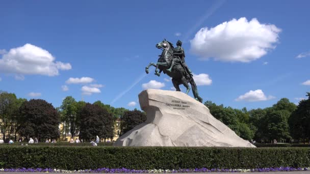 Cavaliere Bronzo Monumento Pietro Grande Giorno Estate Russia San Pietroburgo — Video Stock