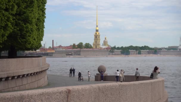 Φτύσε Νησί Vasilievsky Περίπατος Θέα Τον Ποταμό Neva Και Φρούριο — Αρχείο Βίντεο