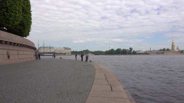 Spit Vasilievsky Island Lungomare Affaccia Sul Fiume Neva Fortezza Petropalovskaya — Video Stock