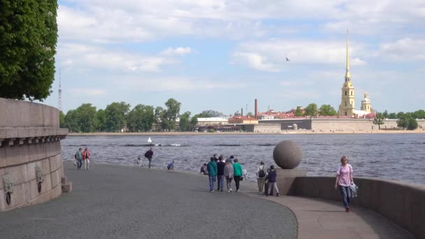 Spit Van Vasilievsky Island Promenade Met Uitzicht Rivier Neva Petropalovskaya — Stockvideo