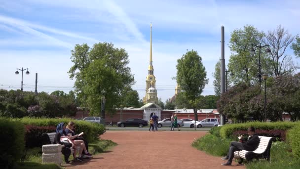 人々は公園のベンチに座っている ロシア サンクトペテルブルク2021年6月 — ストック動画