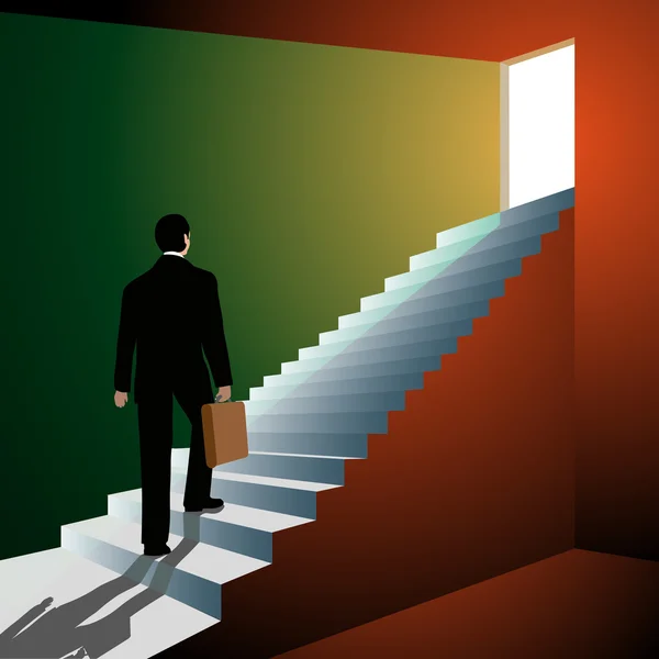 Man climbing the stairs to the open door — Stock Vector