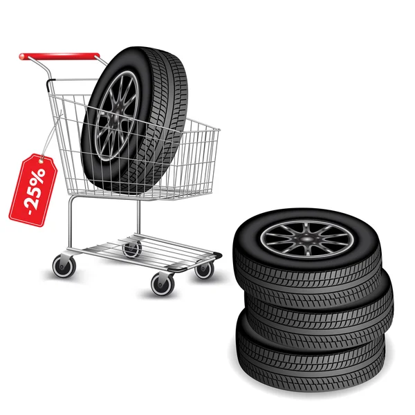 Carrinho de compras com rodas de carro — Vetor de Stock