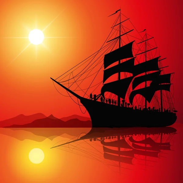帆船在日落时 — 图库矢量图片