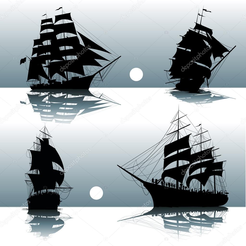 Silhouettes of sailing ships