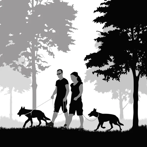 Couple walking with dogs — Stock Vector