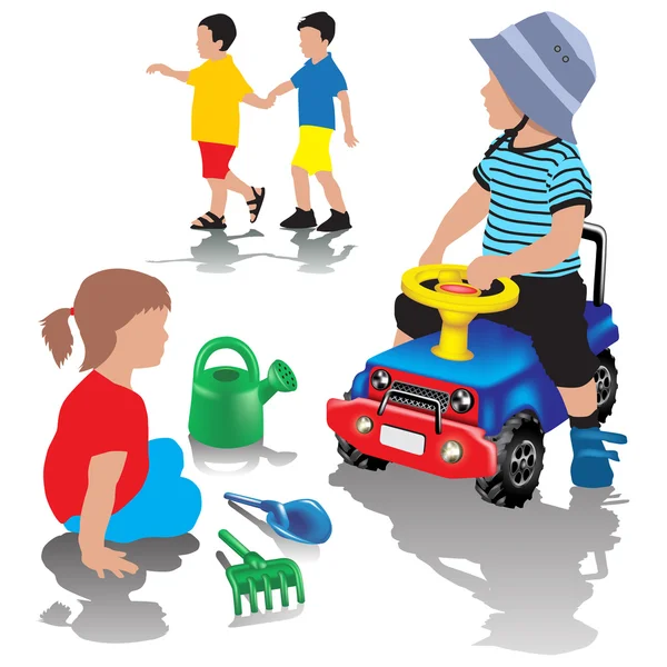 Хлопчик керує іграшковим автомобілем — стоковий вектор
