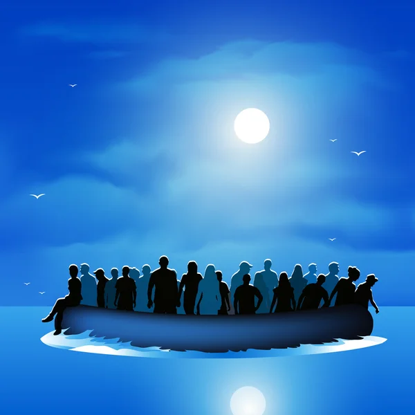 Refugees on pontoon boat — Stock Vector