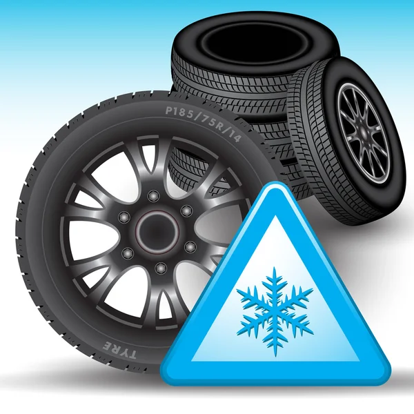 Kış lastikleri ve kar uyarı işareti — Stok Vektör