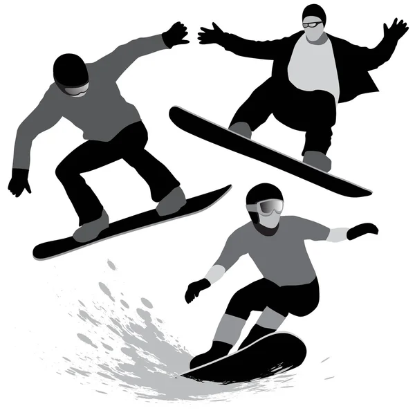 Conjunto de siluetas snowboarders — Vector de stock