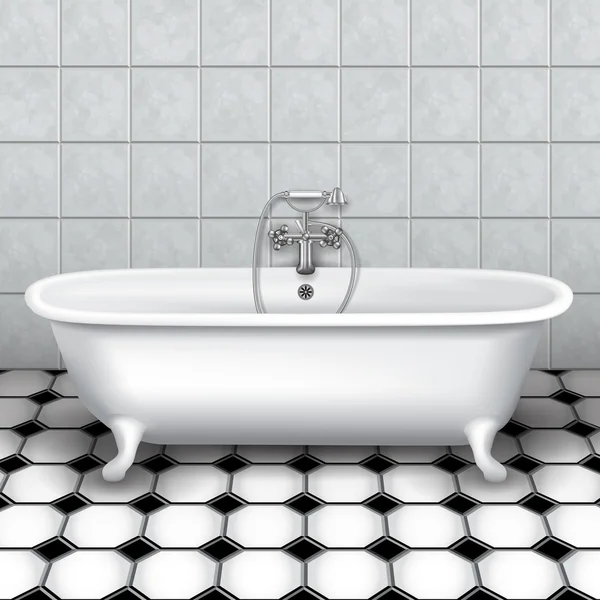 Bañera retro en un baño de azulejos — Vector de stock