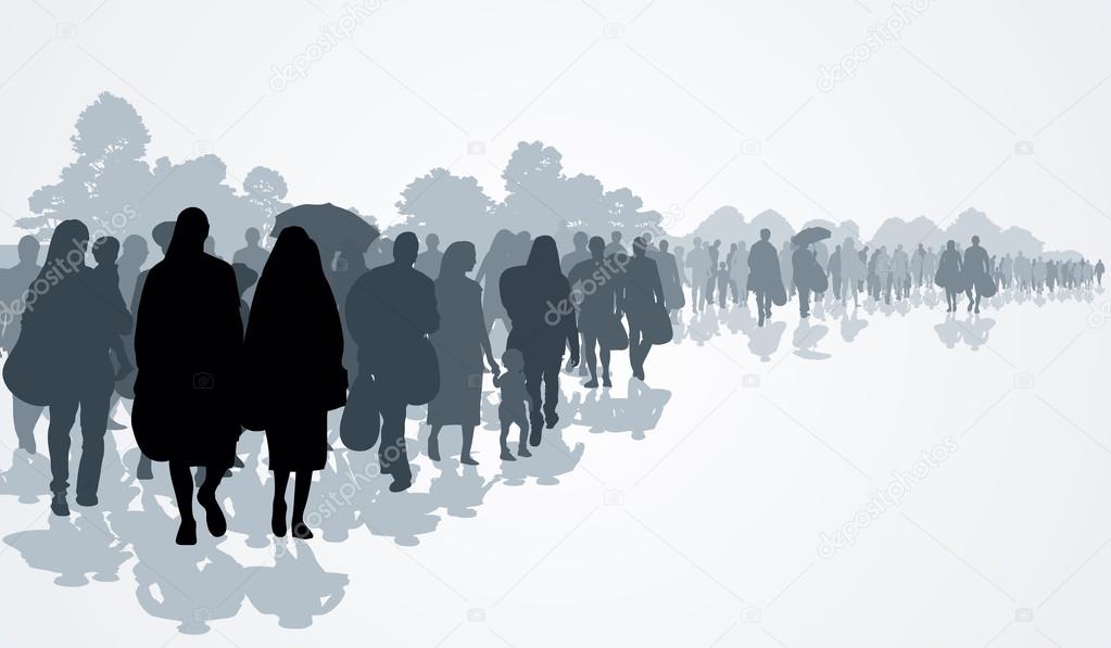 Silhouettes of refugees people