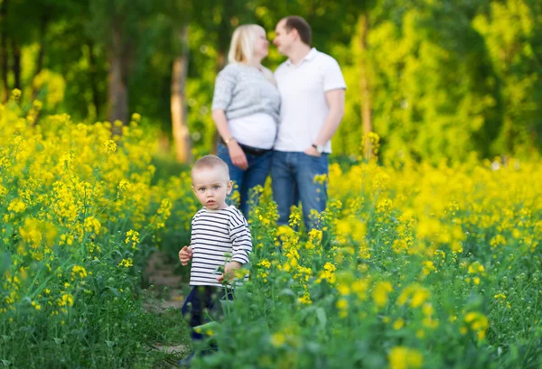 Family rest on the rape field. — Stock Photo, Image