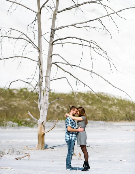 Couple embrace against white mountains and lonely dry tree. — Stock Photo, Image