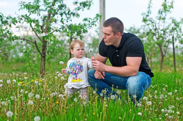 緑の草原で遊ぶ少女と父. — ストック写真