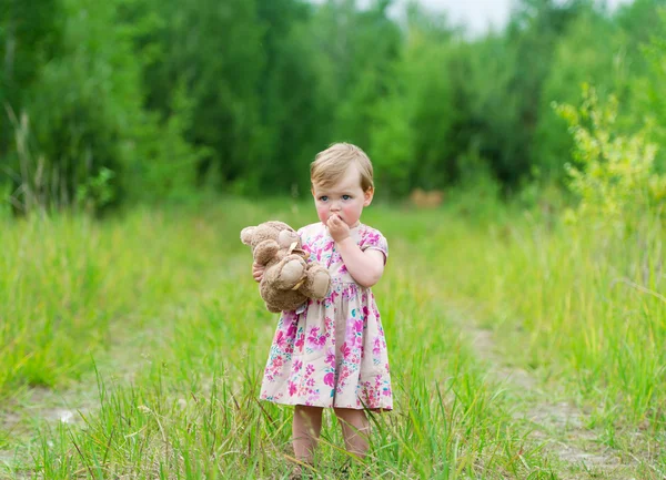 Niña de pie en la hierba sosteniendo oso de peluche grande . —  Fotos de Stock