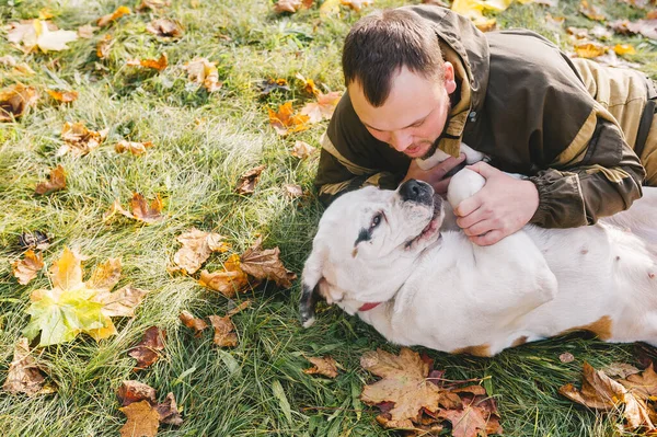 Adam Sonbahar Parkında Azize Bernard Köpeğiyle Oynuyor Yakın Çekim — Stok fotoğraf