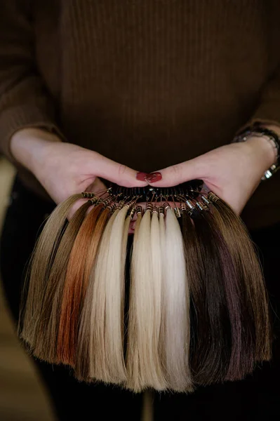 Women Hands Holds Hair Extension Equipment Natural Hair Hair Samples — Stock Photo, Image