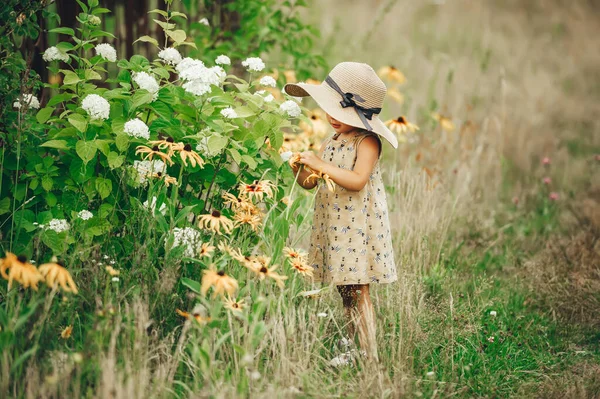 一个戴花帽子的孩子在草地上散步 穿着夏装的小女孩在阳光下很快乐 女孩们带着野花聚集在田野里 — 图库照片