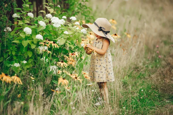 Uma Criança Chapéu Com Flores Caminha Prado Uma Menina Vestido Imagens Royalty-Free