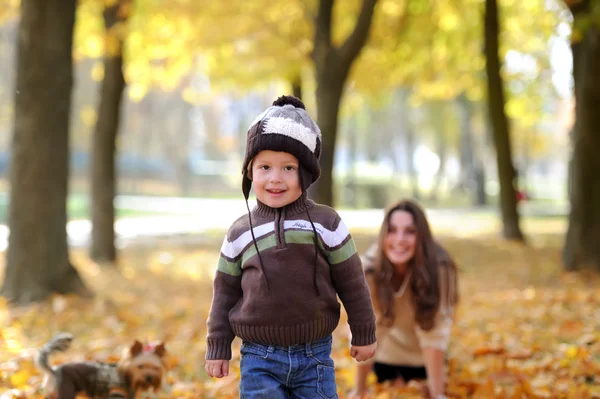 Mother and the kid walk in autumn park — Stock Photo, Image