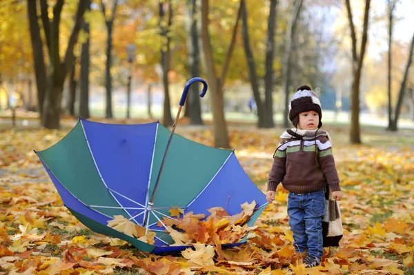 The kid with an umbrella plays in autumn park — Stock Photo, Image