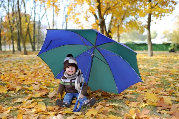 秋の公園で傘を持った子供を果たしています。 — ストック写真
