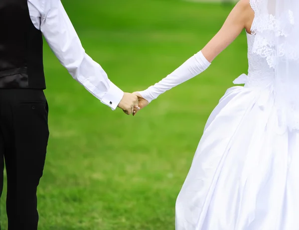 Brudgummen och bruden håller händer — Stockfoto
