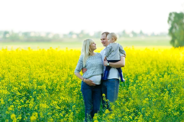 Mother, the father and the kid are on a rape field — Stock Photo, Image