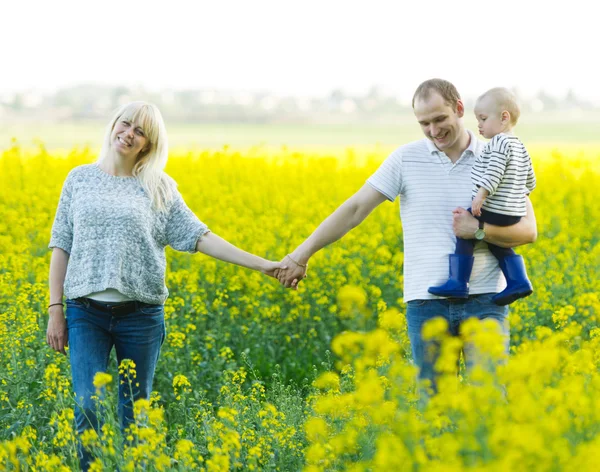 母親、父親と子供は、菜の花畑に — ストック写真