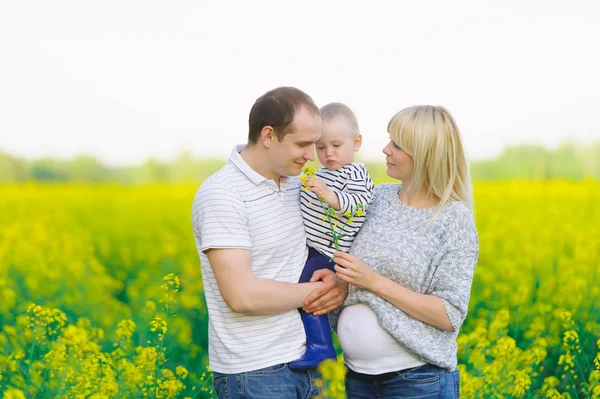 Mother, the father and the kid are on a rape field — Stock Photo, Image