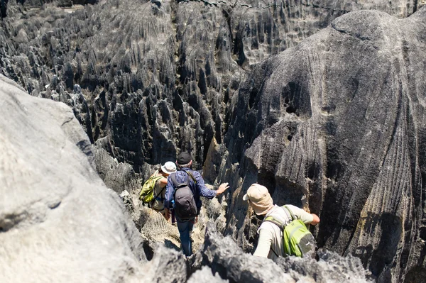 Drie reizigers onderzoeken de bergen van Madagaskar Rechtenvrije Stockafbeeldingen