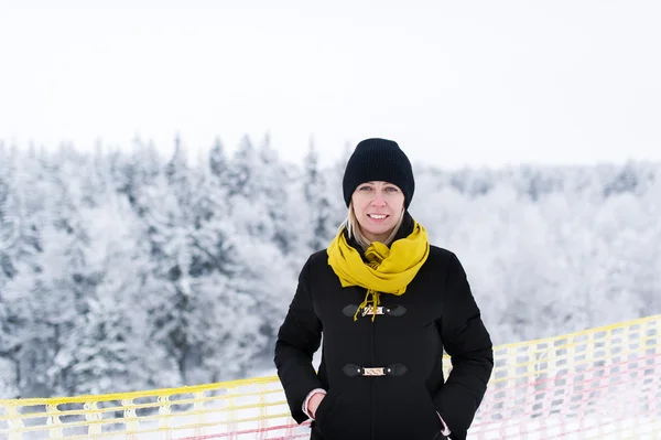 A mulher custa na ponte no parque de inverno — Fotografia de Stock