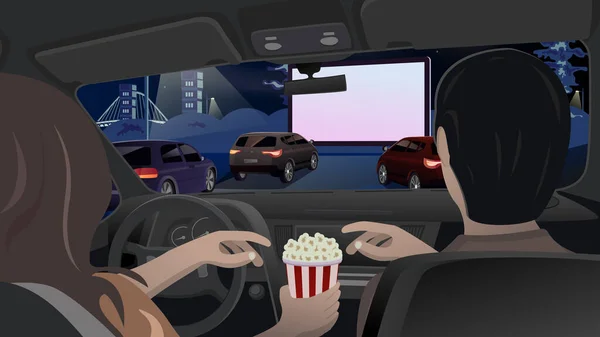 Mann und Frau essen Popcorn im Auto und schauen sich einen Film auf einer Großleinwand in einem Autokino an. Abendunterhaltung für Verliebte in der Stadt auf dem Parkplatz. Vektor — Stockvektor