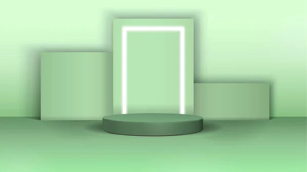 Kozmetik ürünlerinin sunumu için en az geometrik şekillerin yeşille sunumu için 3D sahne. Yuvarlak podyum, ürün sunumu, maket, gösteri, kaide, platform. 3d vektörü