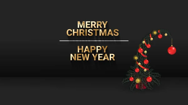 Siyah arka planda noel ağacı olan yeni yıl kartı. Tebrik etmek için gerçekçi bir kartpostal. Ağaçta kırmızı ve altın toplar var. Mutlu noeller. Vektör