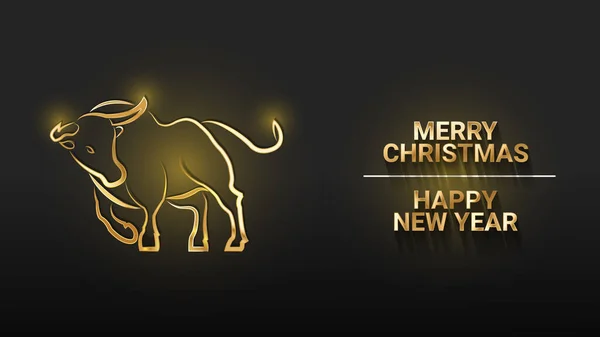 Siyah arka planda altın metal boğa. Yazı: Mutlu Noeller ve mutlu yıllar. 2021 Çin Yeni Yılı 'nın sembolü. 3d gerçekçi vektör