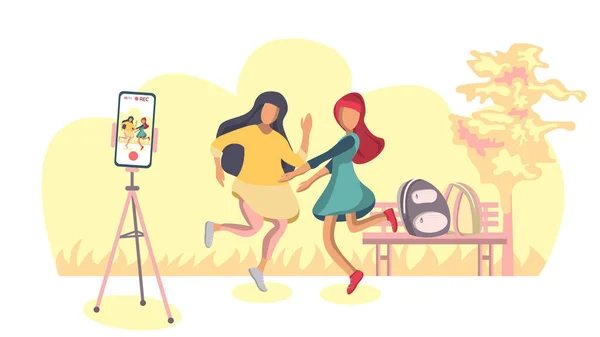 Kızlar sosyal ağlar ve video servisleri için tripodla video çekiyor. Kız doğadaki müzikle dans ediyor. Okul çantaları bir ağacın altındaki bankta yatıyor. Vektör
