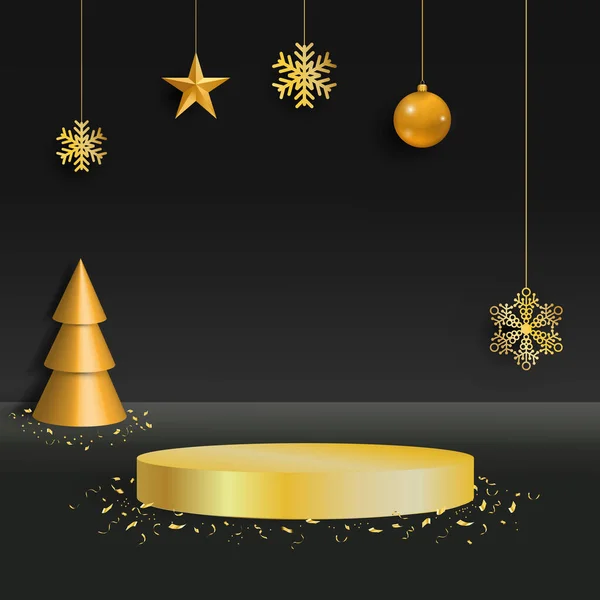 Золотий подіум на чорному тлі для презентації різдвяних товарів, подарунків, косметики. Зима, ялинка, новий рік, 3d, мінімалізм реалістичний. Золоті кульки, сніжинки. Сцена. Векторні — стоковий вектор